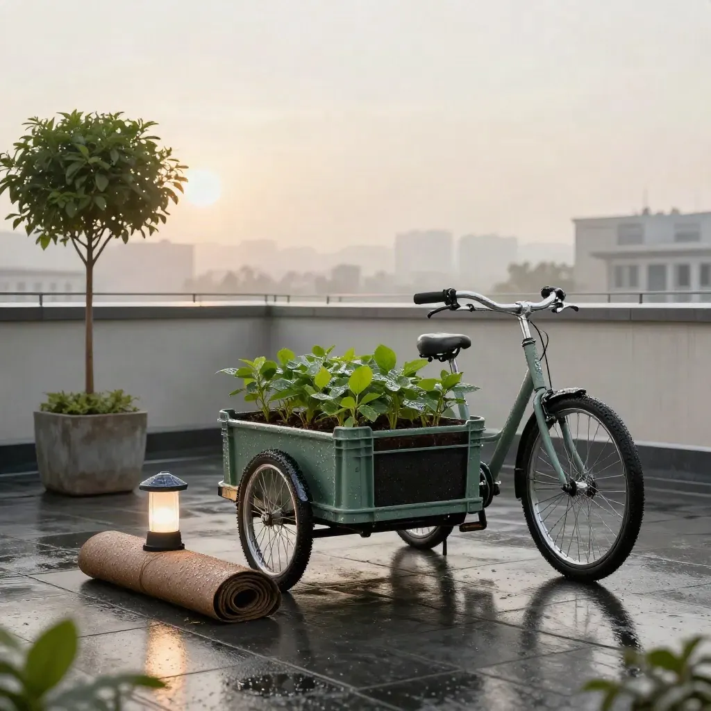 Rain-washed rooftop at dawn with a cargo bike, seedlings, lantern, compost mat, and tree.