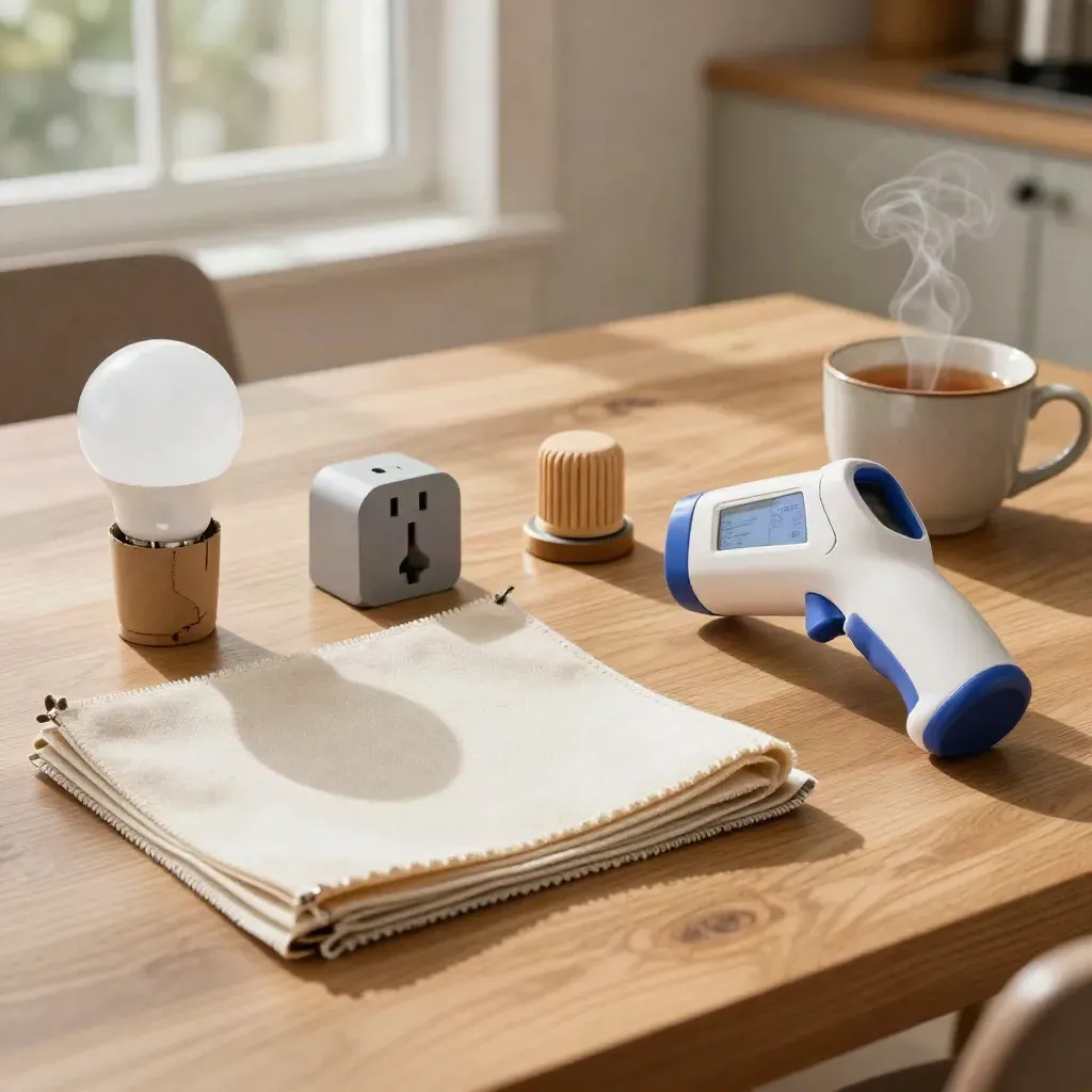 Morning home energy audit items on a sunlit breakfast table with tea steam