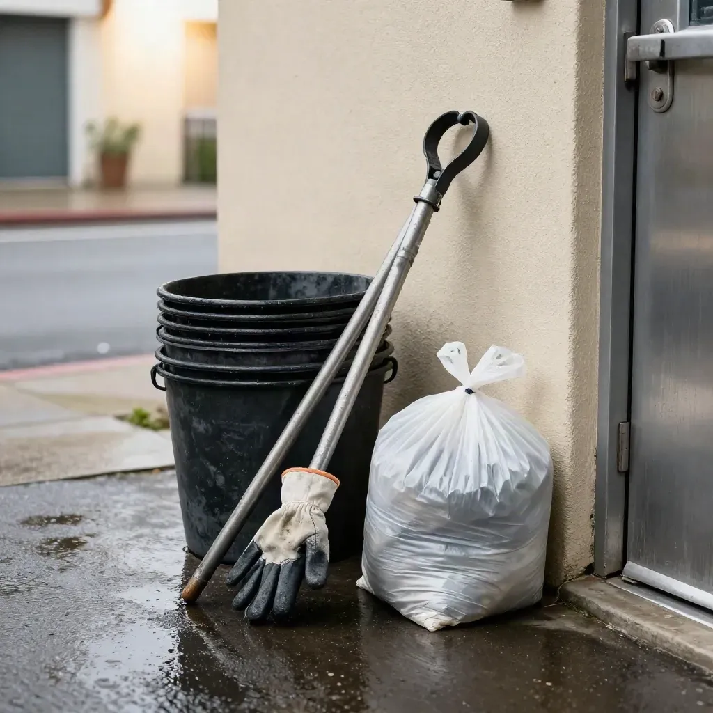 Rainy volunteer cleanup gear staged by a community hall door, ready for arrivals.