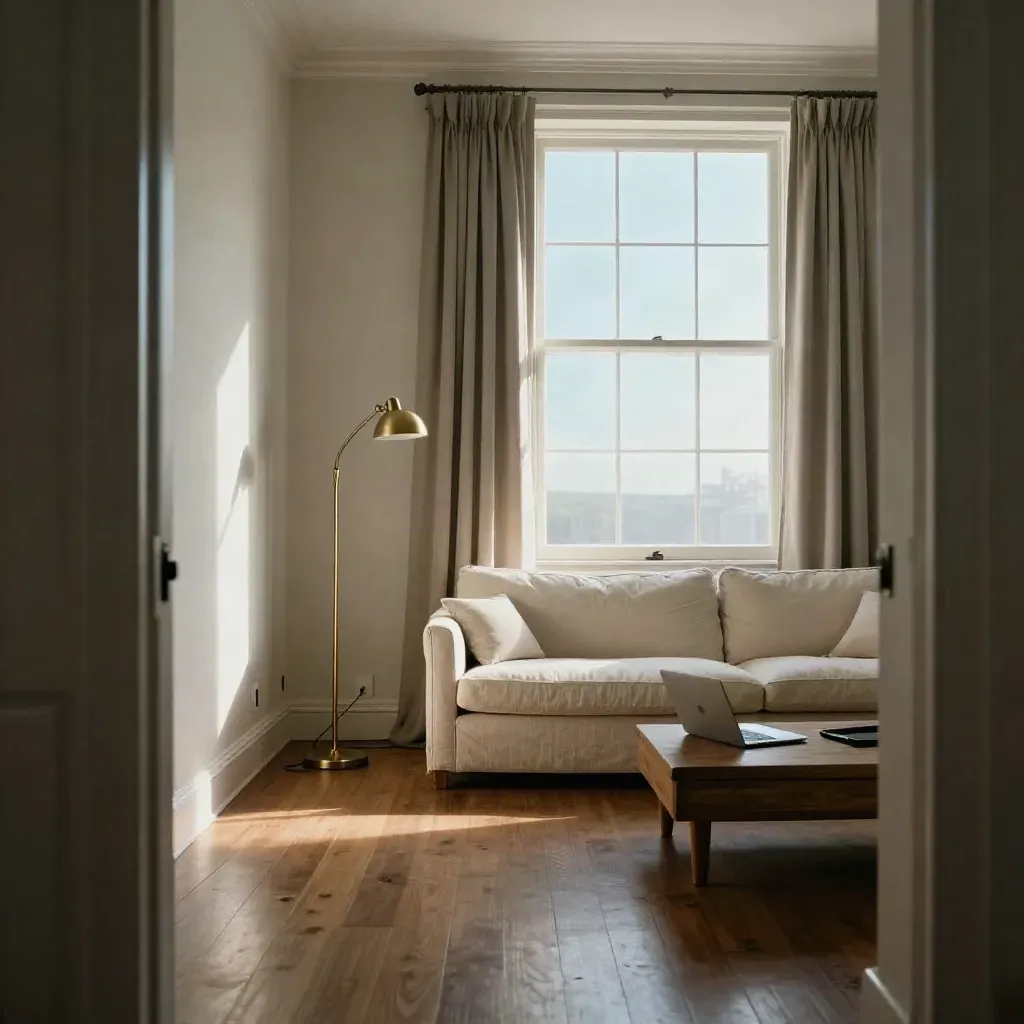 Empty sunlit living room with a closed laptop, off lamp, unplugged power strip, and soft curtains.
