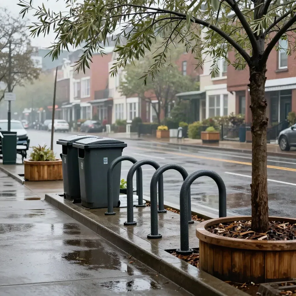 Rainy curbside scene with bike racks, compost bins, tree planters, and young street trees.