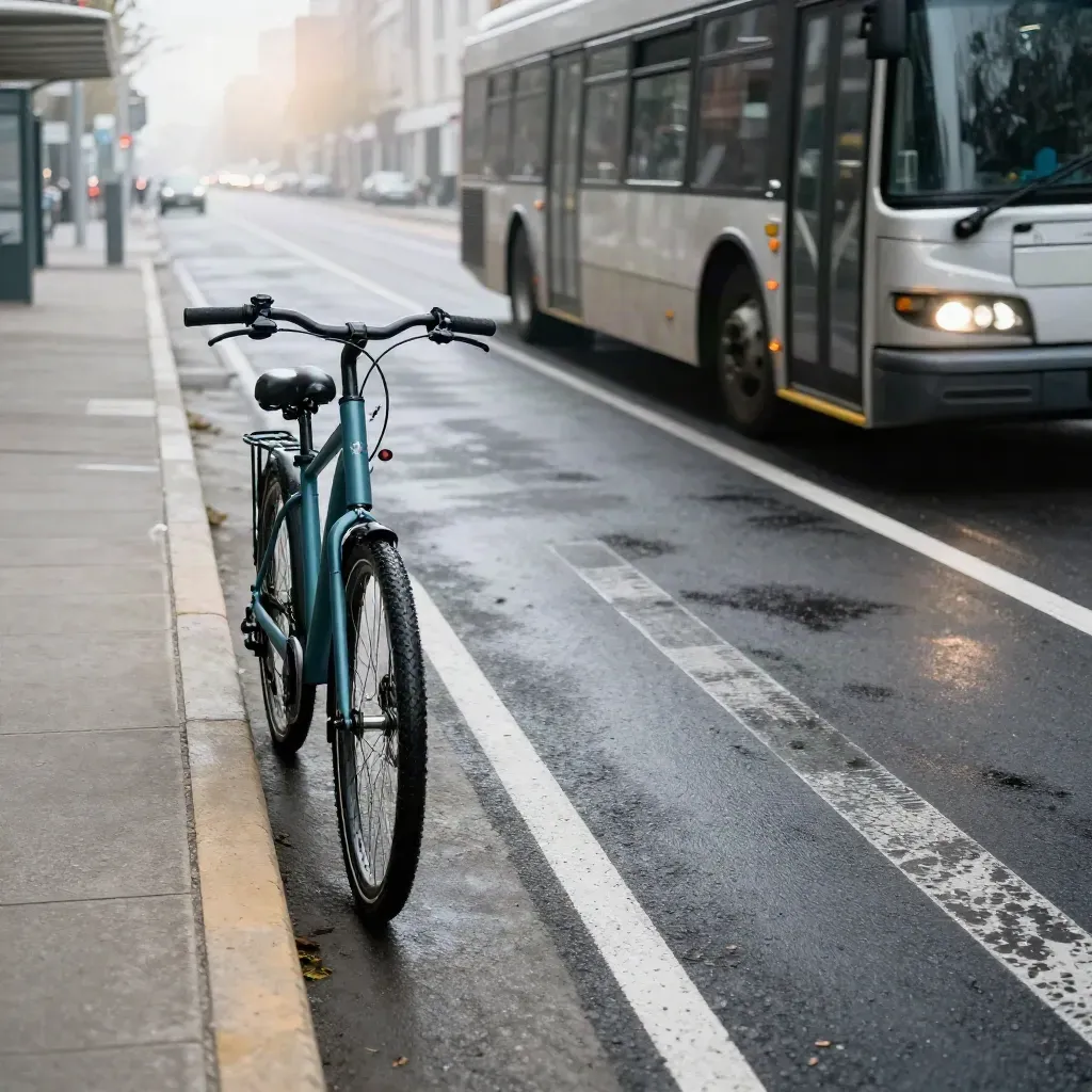Teal e-bike by a bus stop as a bus brakes past a wet crosswalk