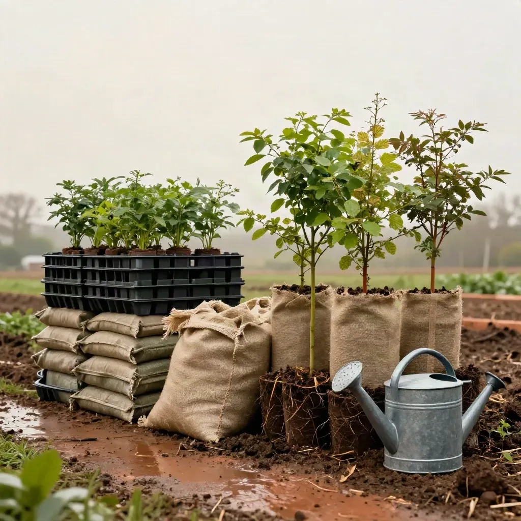 Burlap-wrapped saplings, nursery trays, mulch sacks and watering cans on a muddy planting site.