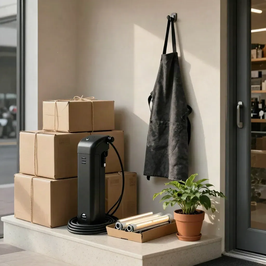 Shop back room with recycled boxes, charging e-bike battery, LED tubes, apron and plant by a service door