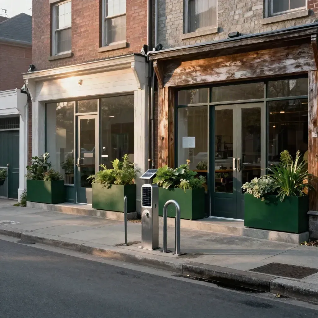 Two storefronts share planters, solar chargers and a bike rack in hazy late-day light.