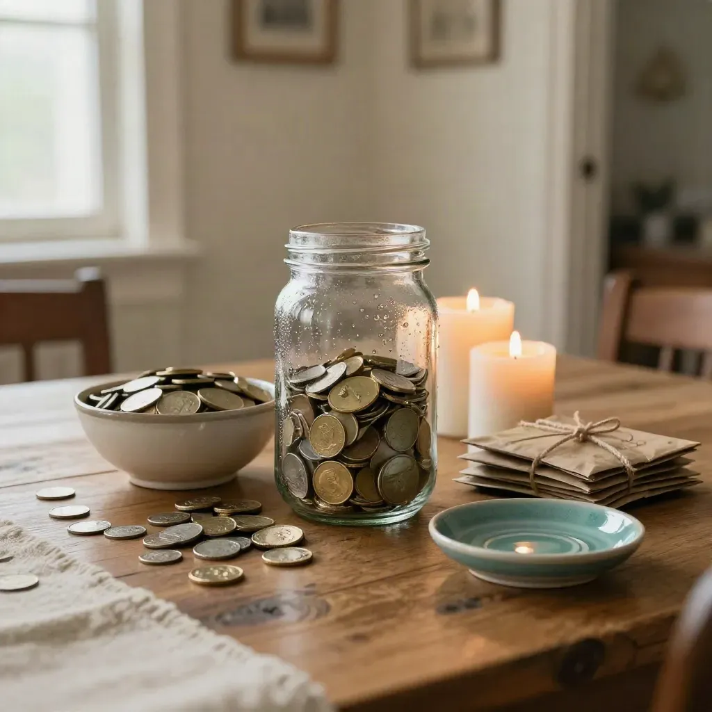 Donation jar, candles, seed packets and coin bowl on a community table in warm light.
