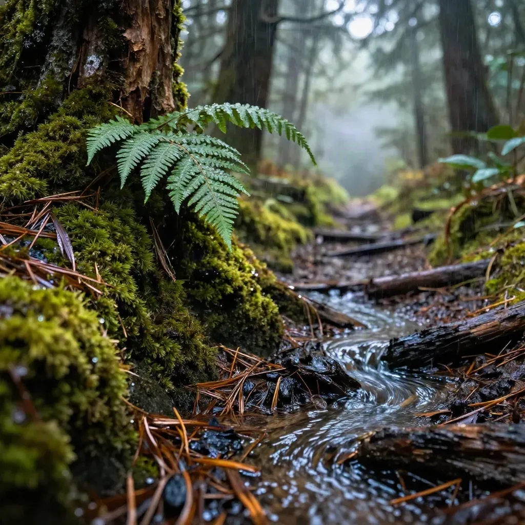 Rainwater glistening on a mossy cedar trail with ferns and a bright misty opening.