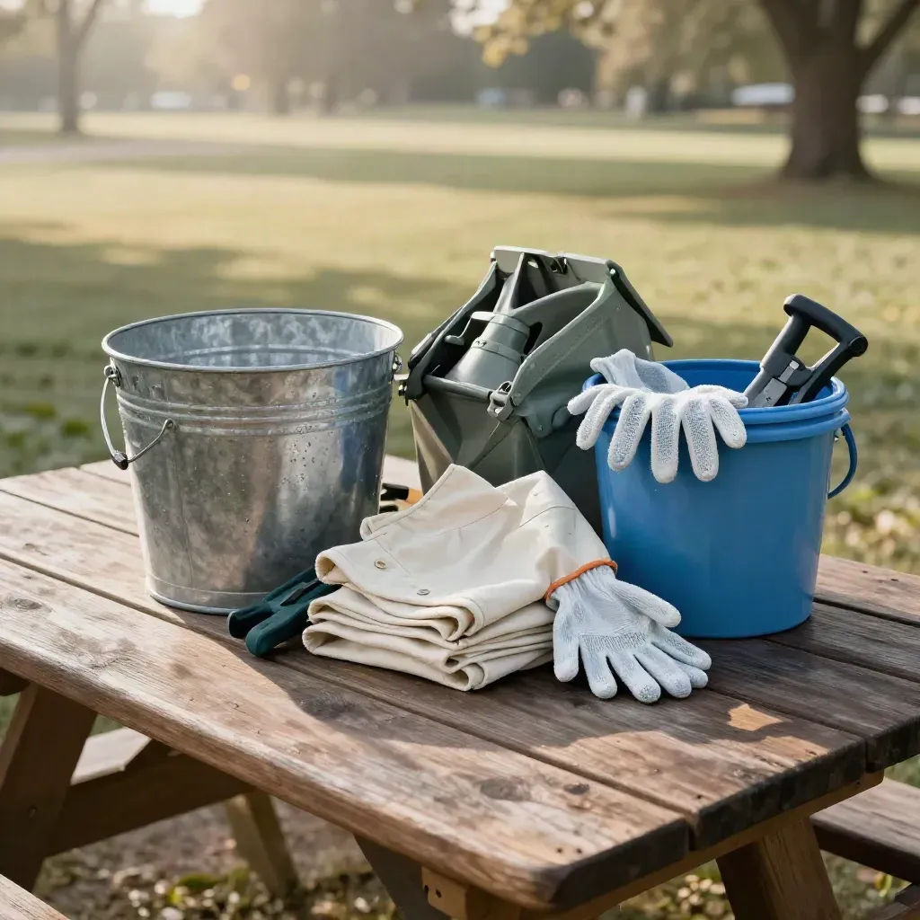 Park-cleanup tools staged on a picnic table in soft morning light.