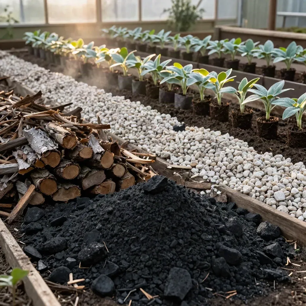 Mulch, biochar, and saplings at a misty reforestation nursery