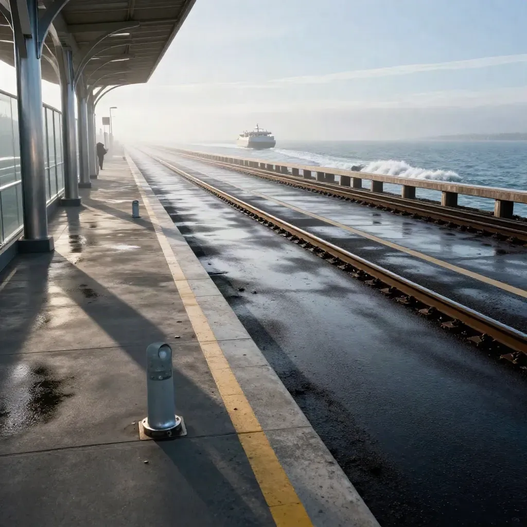 Bike lane beside rail tracks, station edge, and ferry wake in morning fog