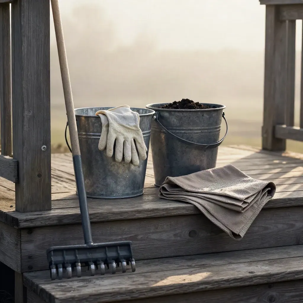 Porch cleanup kit with rake, gloves, bucket, compost pail and tarp in dawn dew.