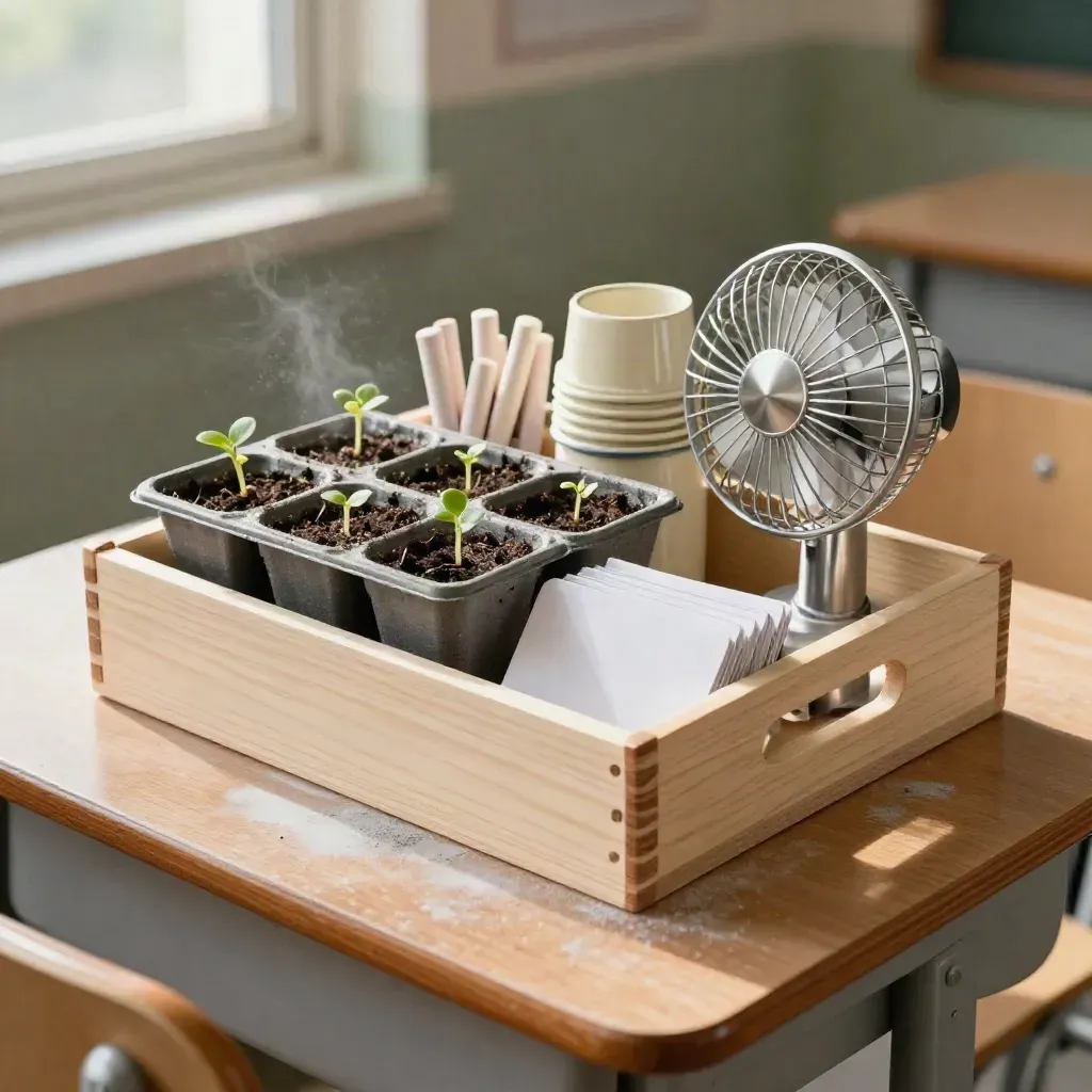 Classroom supplies for a school challenge kit: seed trays, chalk, cups, and pledge cards.
