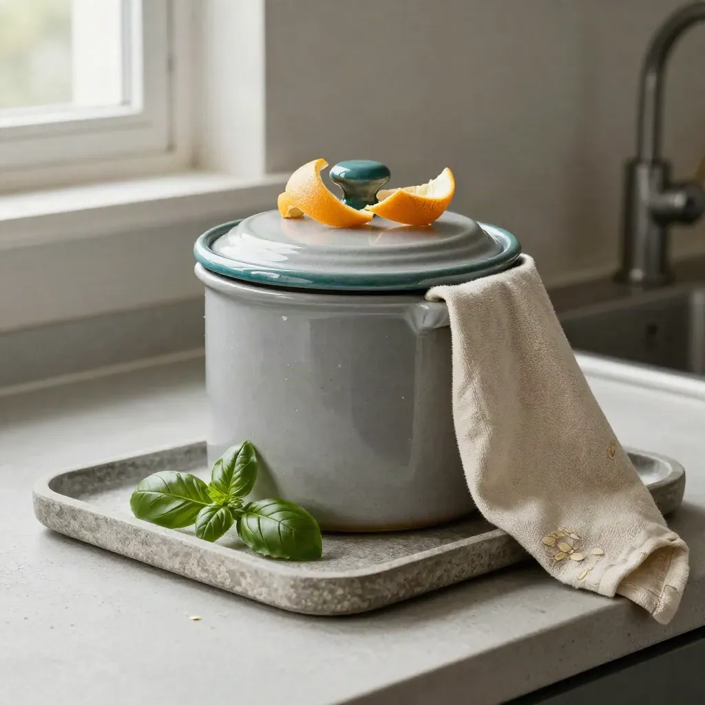 Ceramic compost caddy with citrus peels, linen towel, and basil sprig on a stone tray.