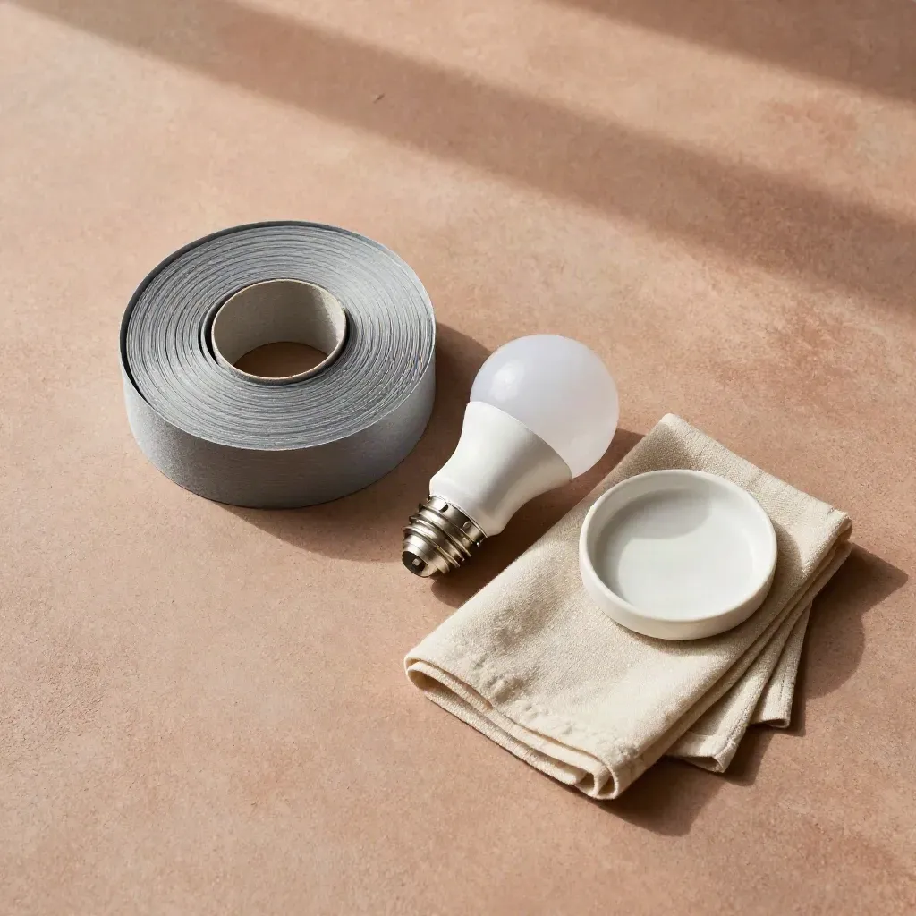 Overhead weatherstripping coil with LED bulb, linen cloth and ceramic dish on warm concrete.