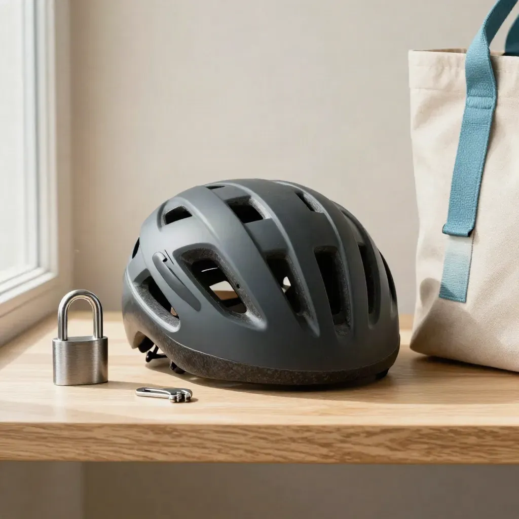Bike helmet, U-lock, key clip, and canvas tote on a pale oak shelf in soft morning light.