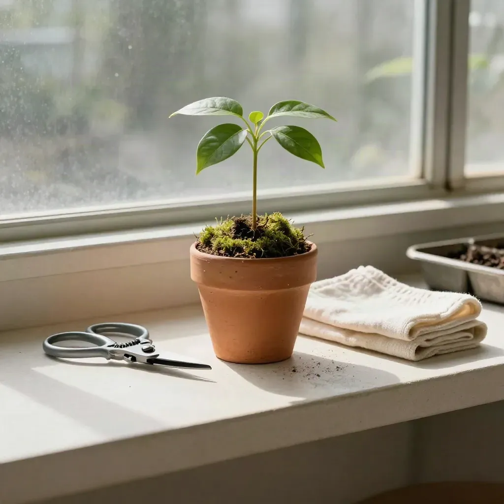 Seedlings in a moss-lined clay pot with shears and folded cloth on a pale plaster shelf